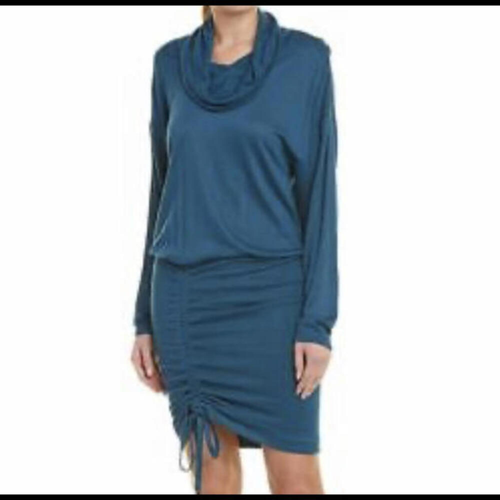 FREE PEOPLE teal blue long sleeve ruched turtleneck dress